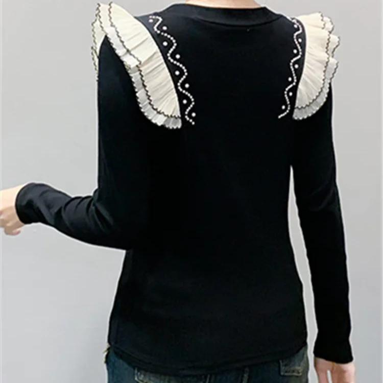 Spring Autumn Women's Black Clothes T-Shirt Sexy O-Neck Beading Pearls Tees Elegant Female Ruffles Long Sleeve Brand Tops