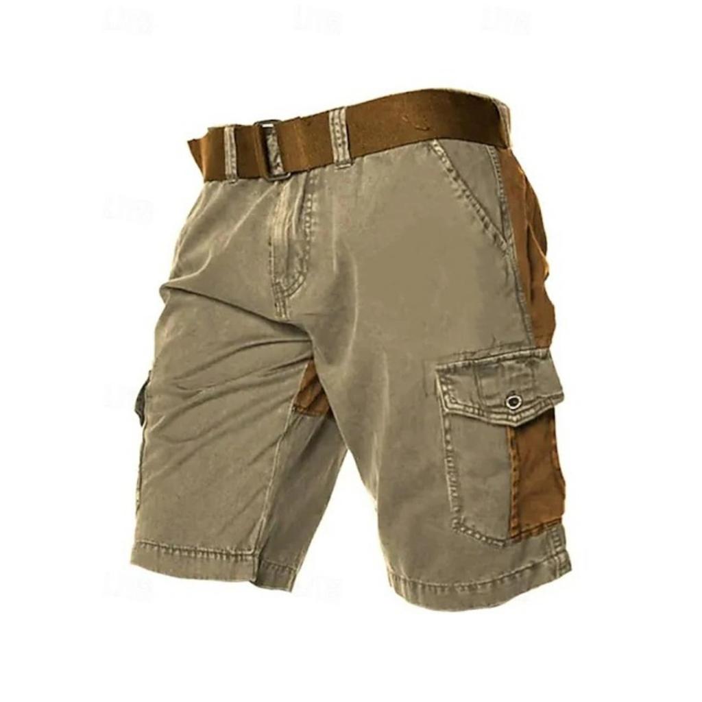 Men's Washed Cotton Color-block Casual Cargo Pants With 3D Pockets Double Zipper Crotch-open Trousers No Belt