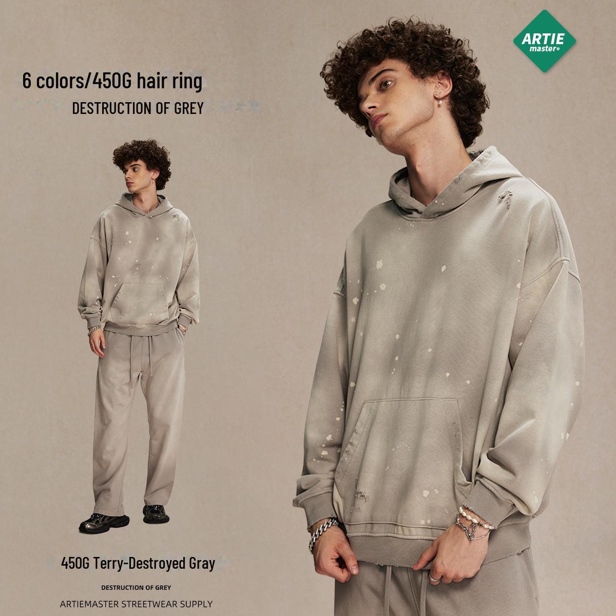 

Мужская толстовка с капюшоном в стиле ретро-уличной моды – коллекция осень/зима 2024 г., окрашенная распылением, состаренный стиль, 450 г M серый