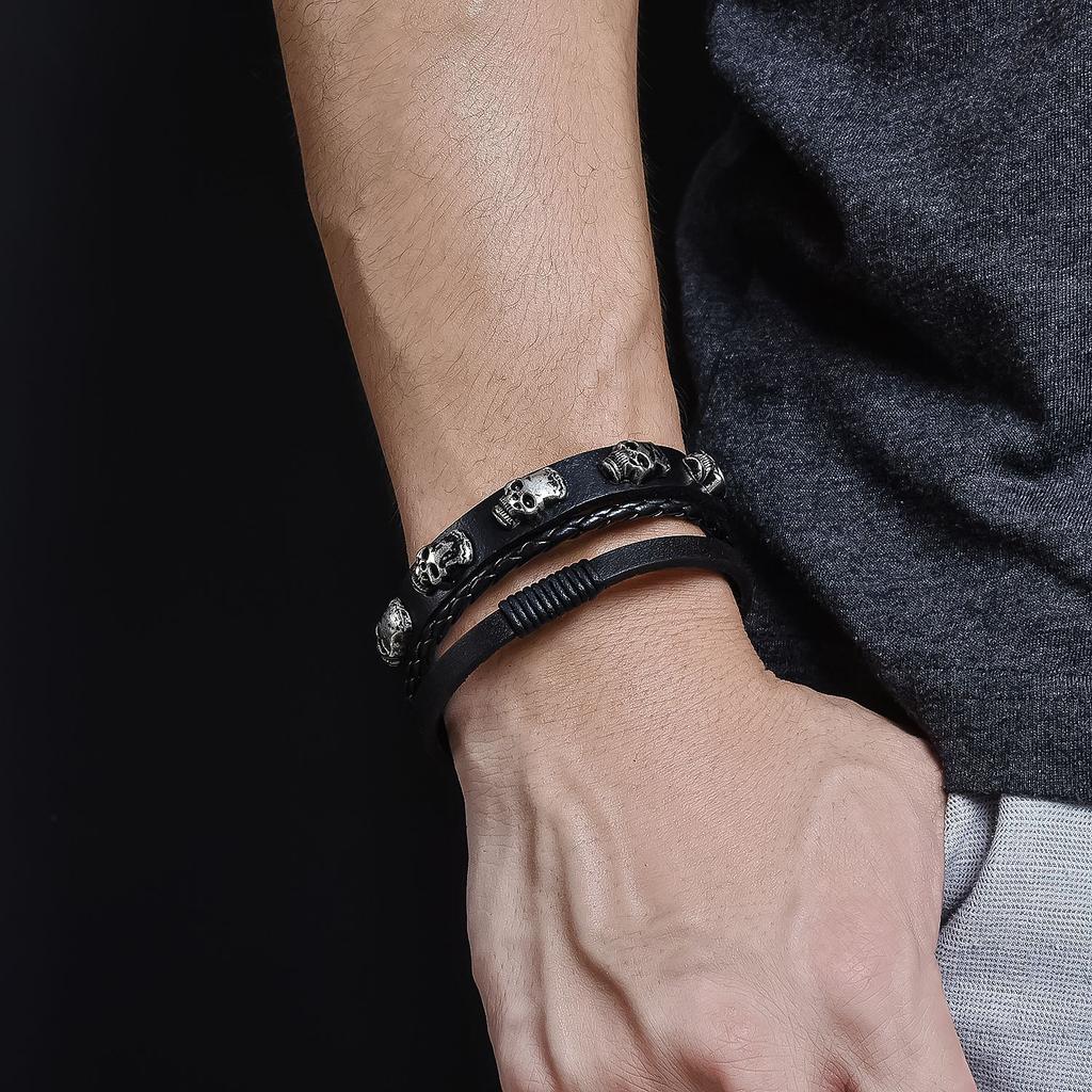Accessories New Button Leather Jewelry Retro Stainless Steel Skull Braided Cowhide Bracelet Men