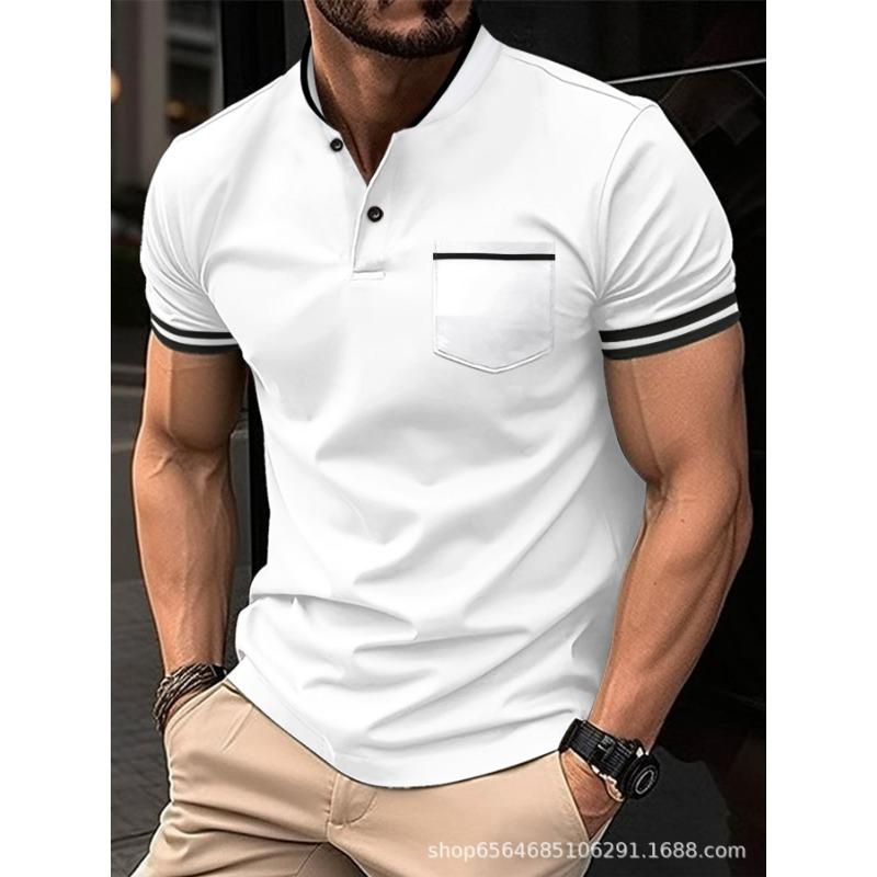 

Spring Men s Short-sleeved Solid Color Standing Collar Pocket Polo Shirt XXXL белый