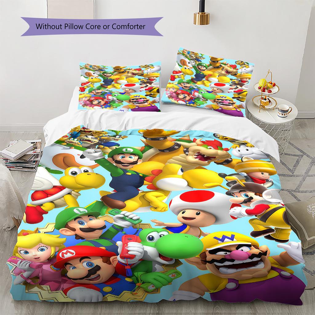 3PCS Super Mario Bedding Set Durable Fade Resistant Duvet Cover & Pillowcases Cartoon Game Kids Bedroom Decor