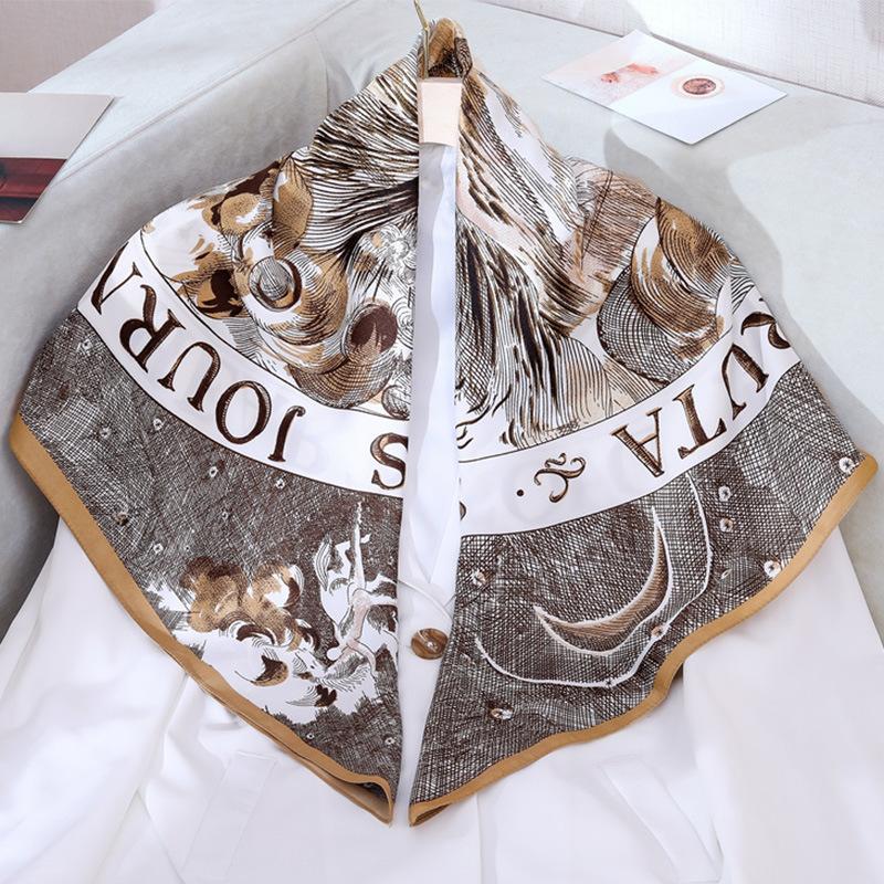 Spring New 91 Square Scarves Women's Elegant Korean Version of Twill Silk, Foreign Style Totem Printing Silk Scarf Decorative Scarf