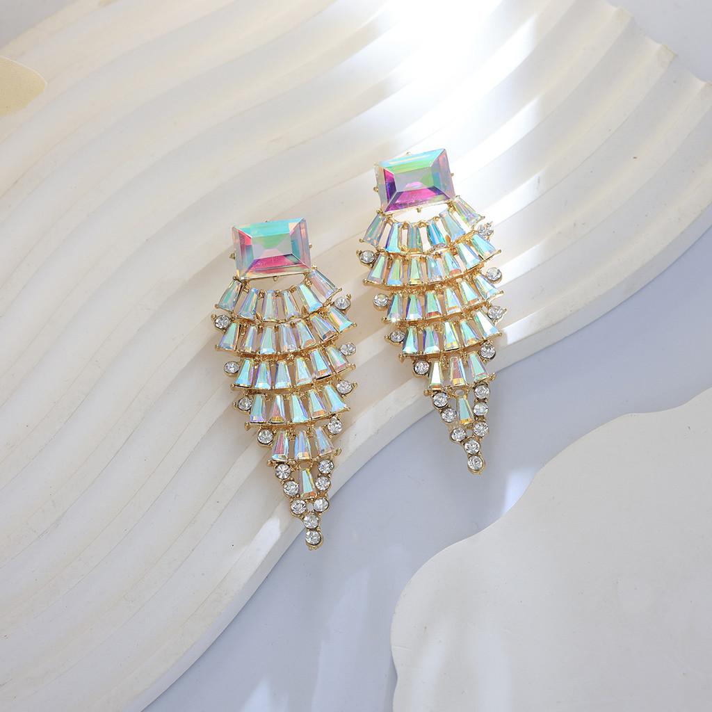 Geometric Alloy Long Earrings For Women With Colorful Rhinestones In Fashion Spring