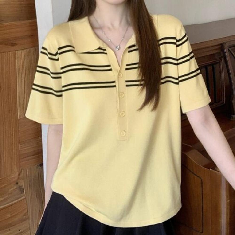 Navava Women Line Point Button Collar Short Sleeve Knit Top Nk3631