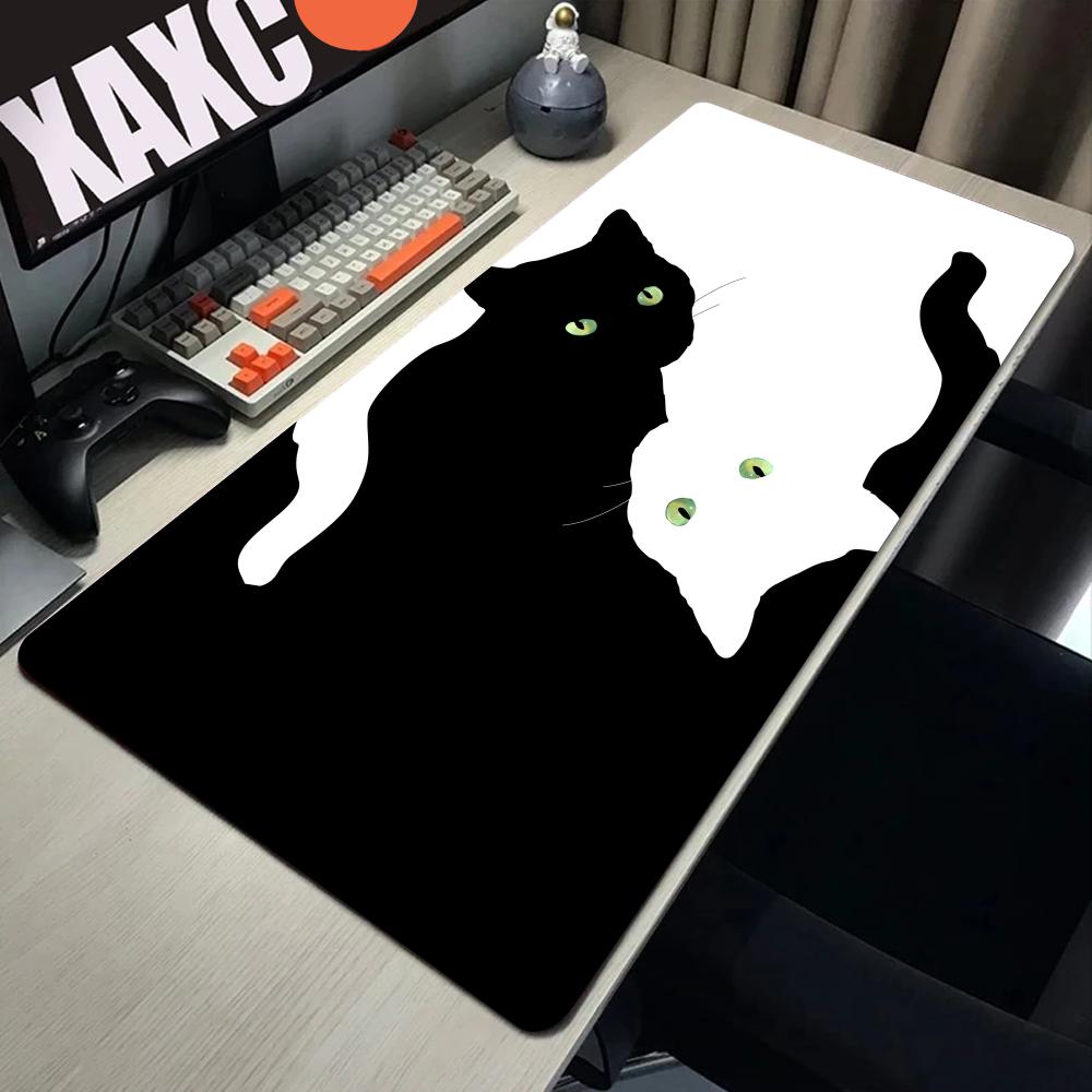 Yin Yang Black & White Cats Mouse Pad, Minimalist Feline Desk Decor Cute HD Desk Extended Gaming Keyboard Mats Large XXL Gamer