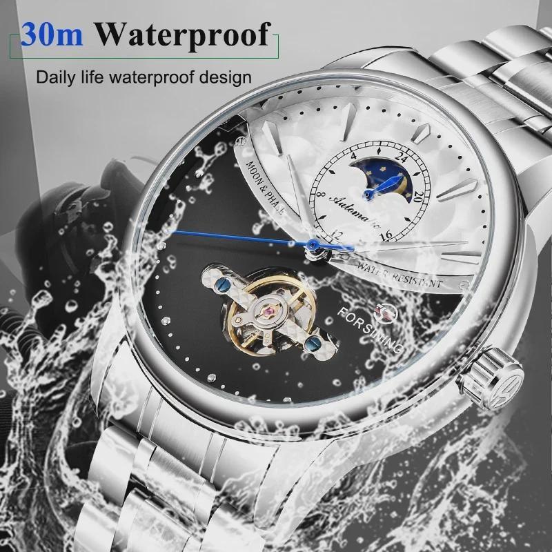 FORSINING Men's Moon Phase Tourbillon Watch Luxury Self-wind Mechanical Automatic Waterproof Retro Watches Stainless Steel Band Wristwatch