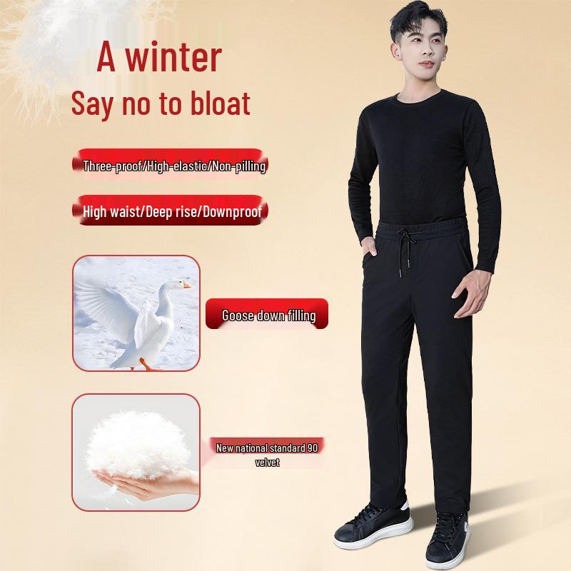 Men's 90% White Goose Down Pants - Black & Gold - Triple-Proof, Straight-Leg, Thickened for Casual Wear - Warm Autumn/Winter Style