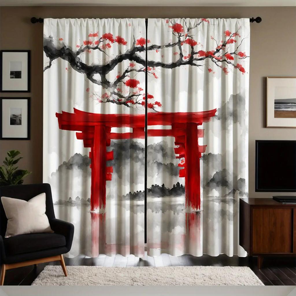 2pc Red Torii gate and cherry blossom black and white gray curtains   polyester fabric   suitable for bedroom living room