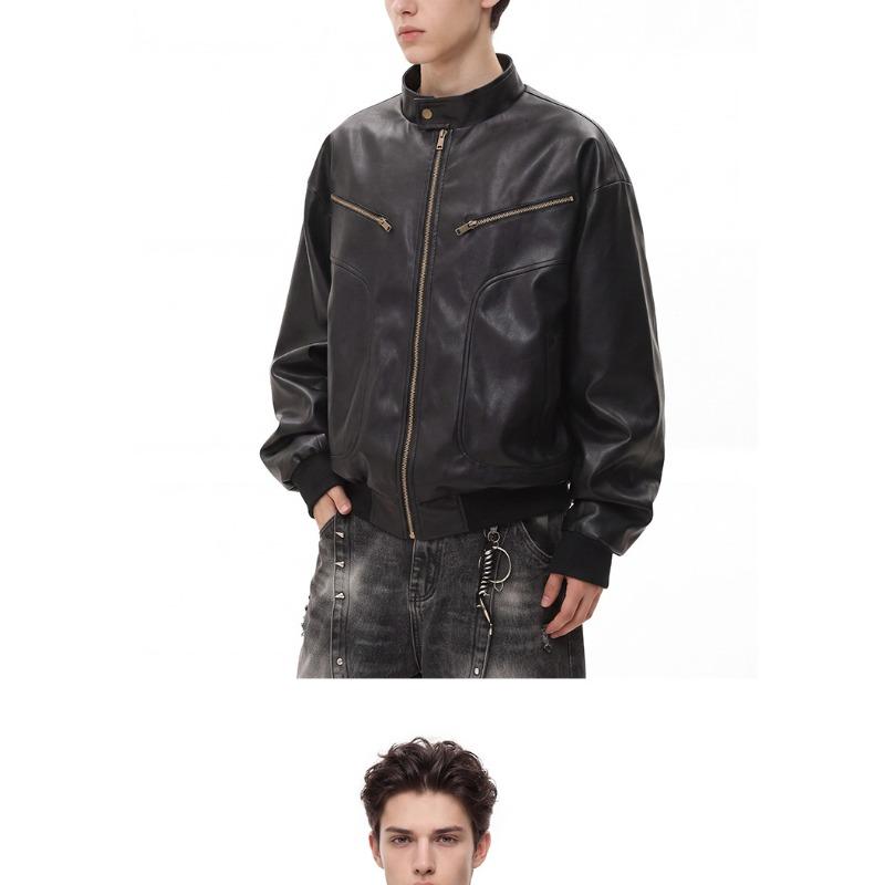 American Windproof Stand-up Collar PU Leather Jacket Men's Autumn Retro Loose Silhouette Locomotive Jacket Pu Leather Jacket