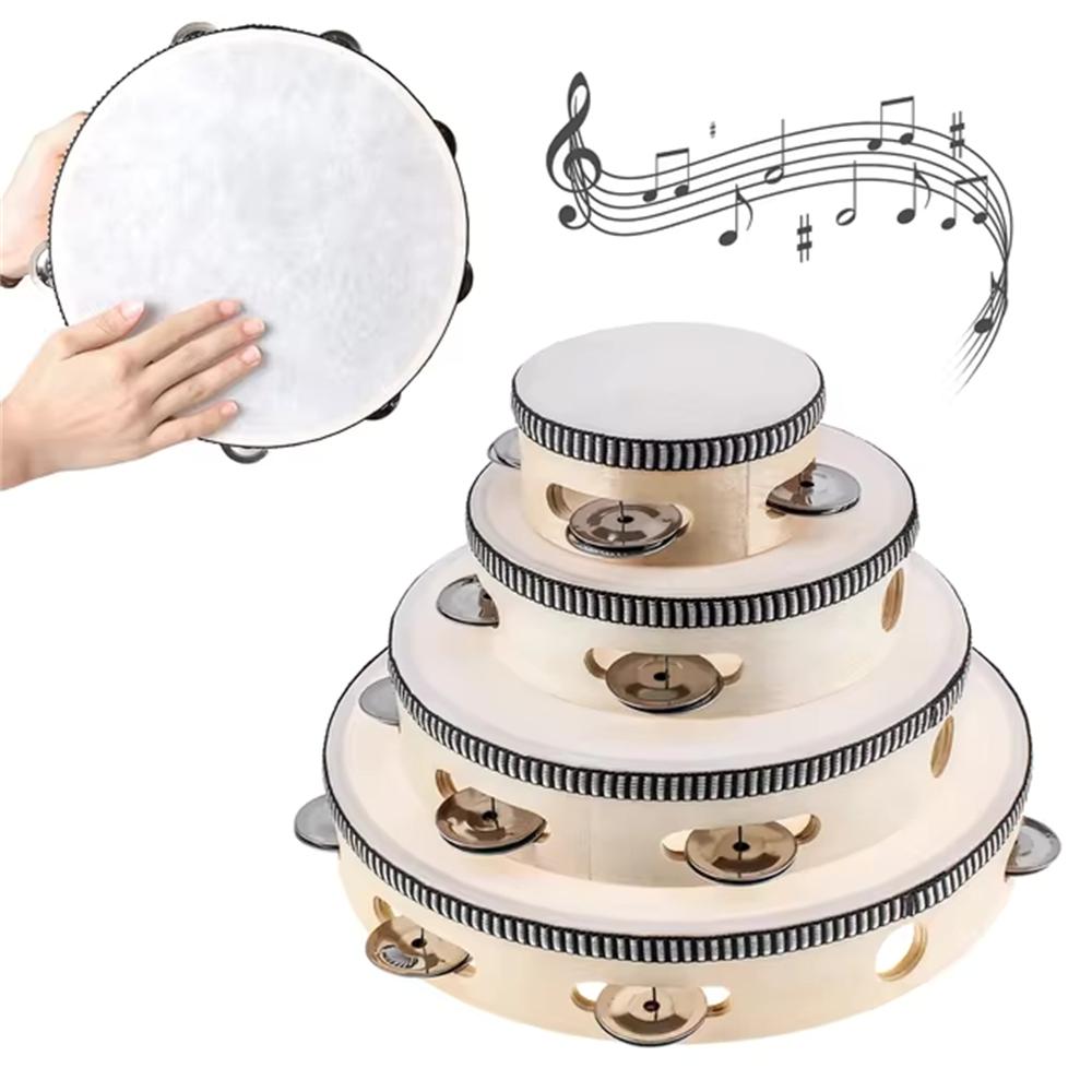 1Pc Wooden Tambourine 4/6/8/10-Inch Beige Rim with Metal Jingles Musical Educational Percussion Instrument for Concert Church Pa