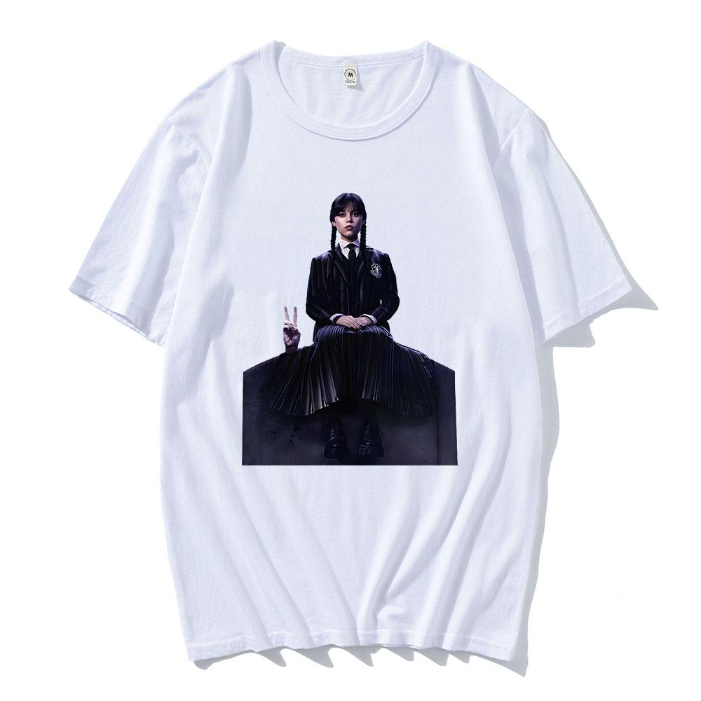 

Футболка Среда 2 сезон Аддамс Графическая печать Футболки Короткий рукав Хлопок Повседневная Футболка Круглый вырез Кино Мода Футболка Мужская M белый