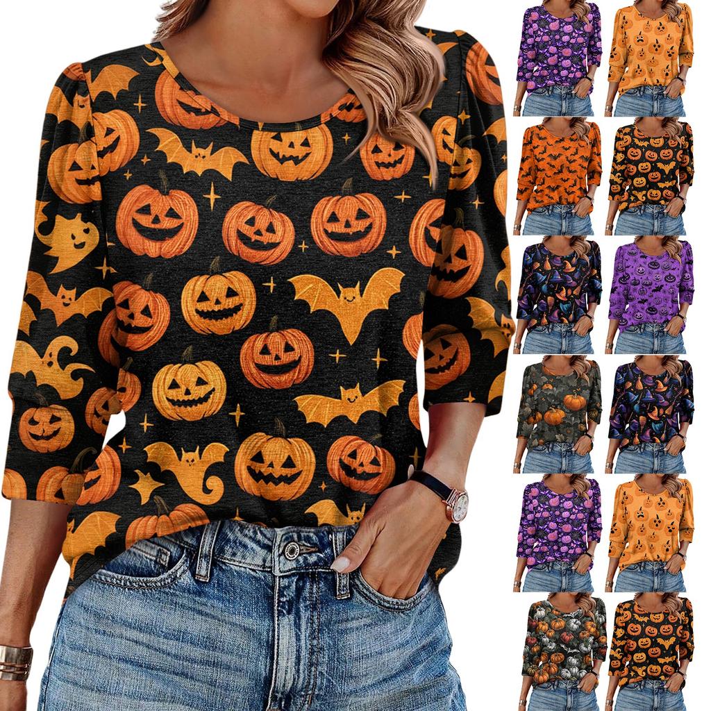 Dámský módní ležérní top s kulatým výstřihem a sedmíčtvrtečním rukávem s halloweenským potiskem a balónovým rukávem