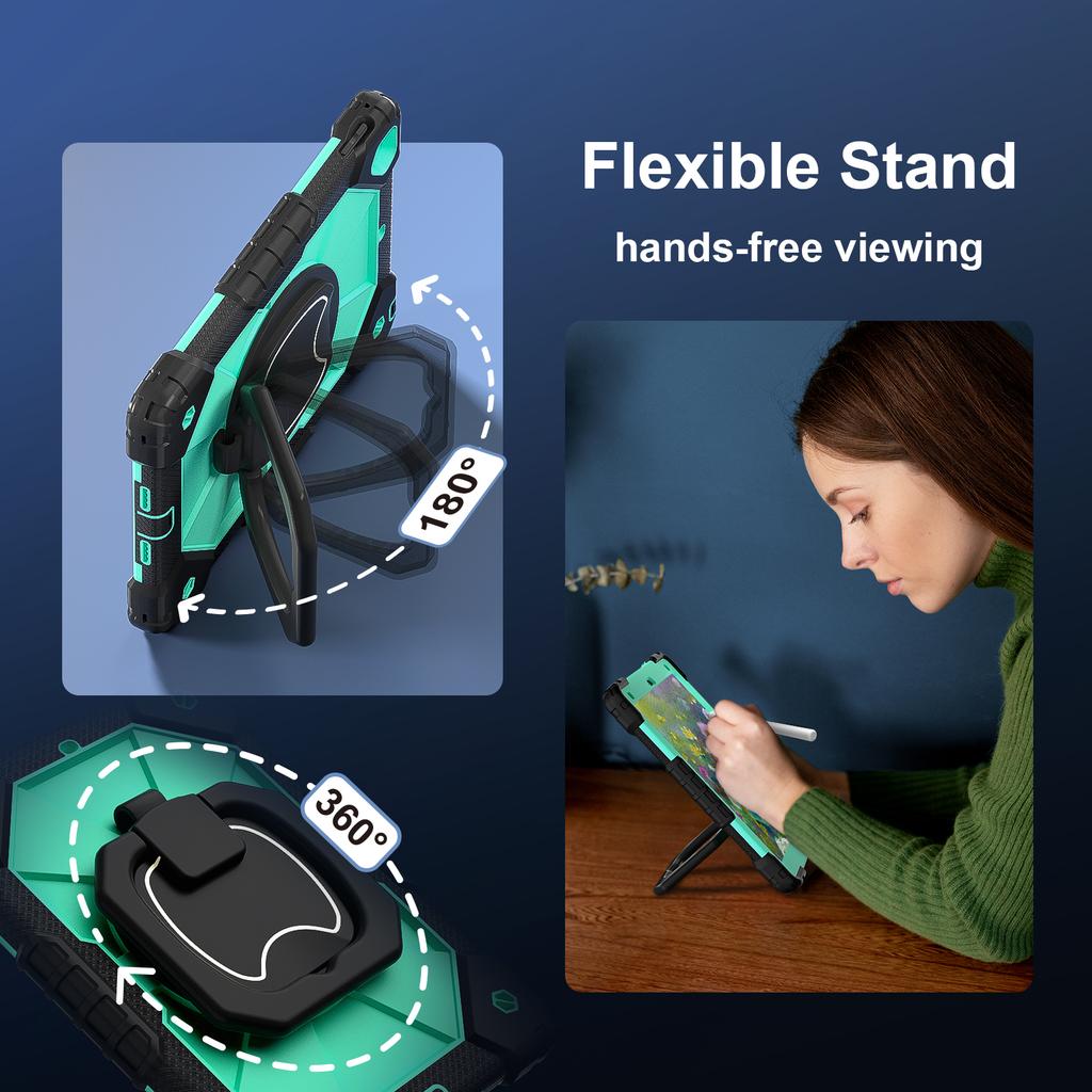 Heavy Duty Case for iPad 9.7 6th 5th Pro 9.7 Inch Silicone + PC Shockproof 360° Rotating Stand Tablet Cover with Shoulder Strap