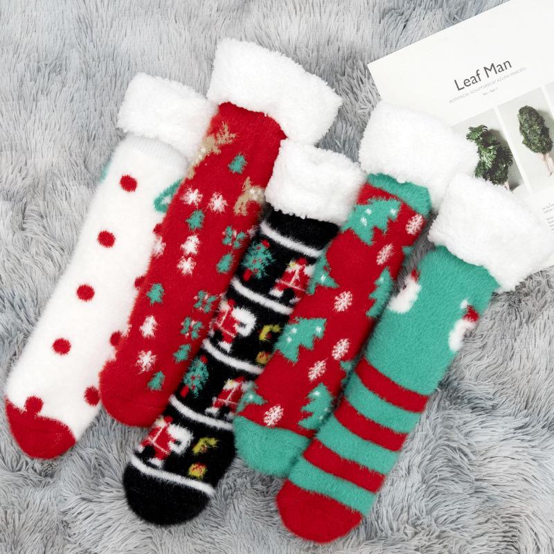 Women's Mid Tube Socks Christmas Floor Socks Home Sleep Winter Velvet and Thick Anti-slip Carpet Socks
