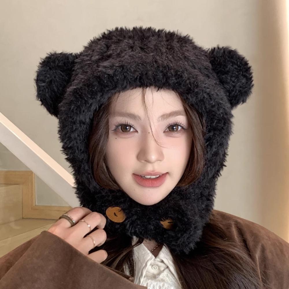 Ear Protection Hat Bear Ears Hat Winter Cap Winter Plush Hat Personality Bib Hat  Winter/Autumn