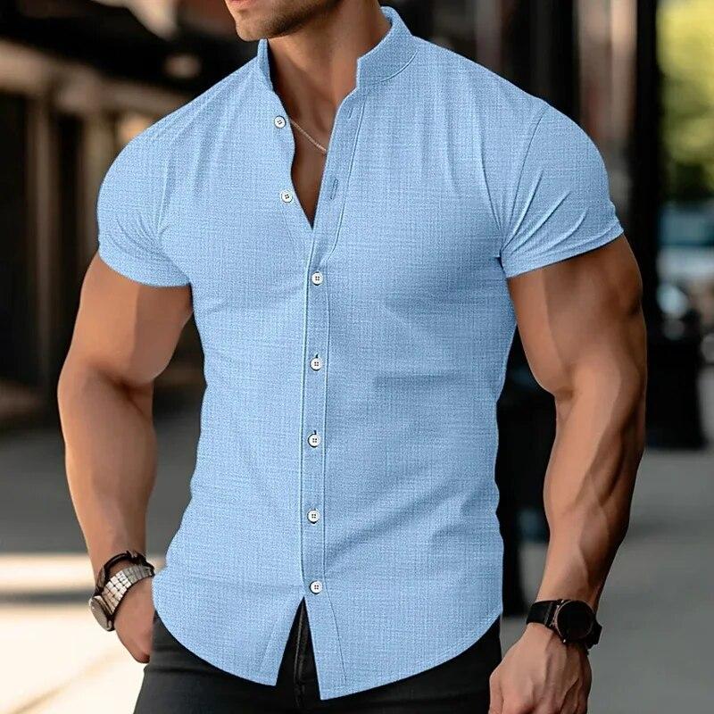 Letní pánská košile s krátkým rukávem Směs bavlny Prodyšná jednobarevná košile s límečkem na knoflíky Business Casual košile pro dojíždění
