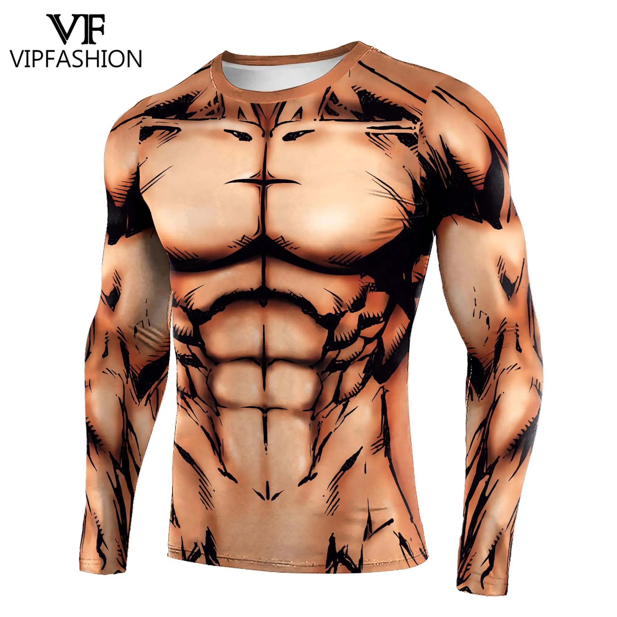 

VIP FASHION Long Sleeve Shirt Quick Drying Bodybuilding Workout Top Compression Running T-shirt Men Muscle Print Tee Clothing M