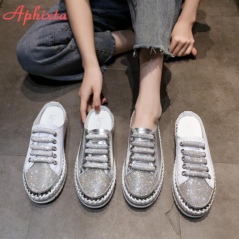 Aphixta ;uxury New Flat Platform Half Slippers Women Summer Couple Bling Mules Crystals Lace-up Shoes Slides Plus Size 42 43