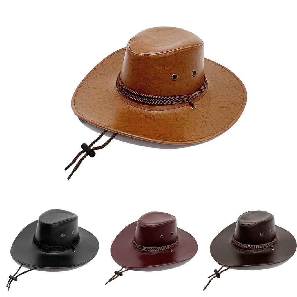 Classic Pu Leather Cowboy Hat With Sunshade Features For Outdoor Adventures For Men
