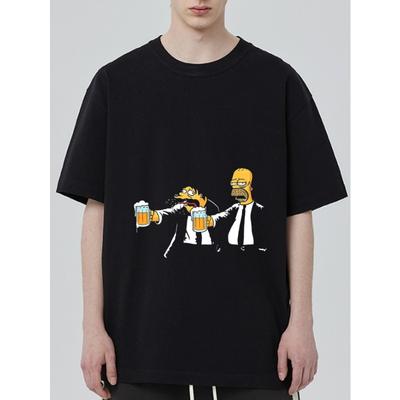 Camiseta Oversize Negra Homer Simpson y Moe Bebiendo Cerveza Estampado de Dibujos Animados Casual Ropa de Calle para Hombre y Mujer