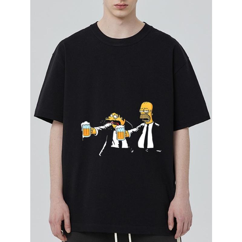 Oversized T-skjorte Svart Homer Simpson og Moe Drikker Øl Tegneserieprint Casual Streetwear for Menn og Kvinner