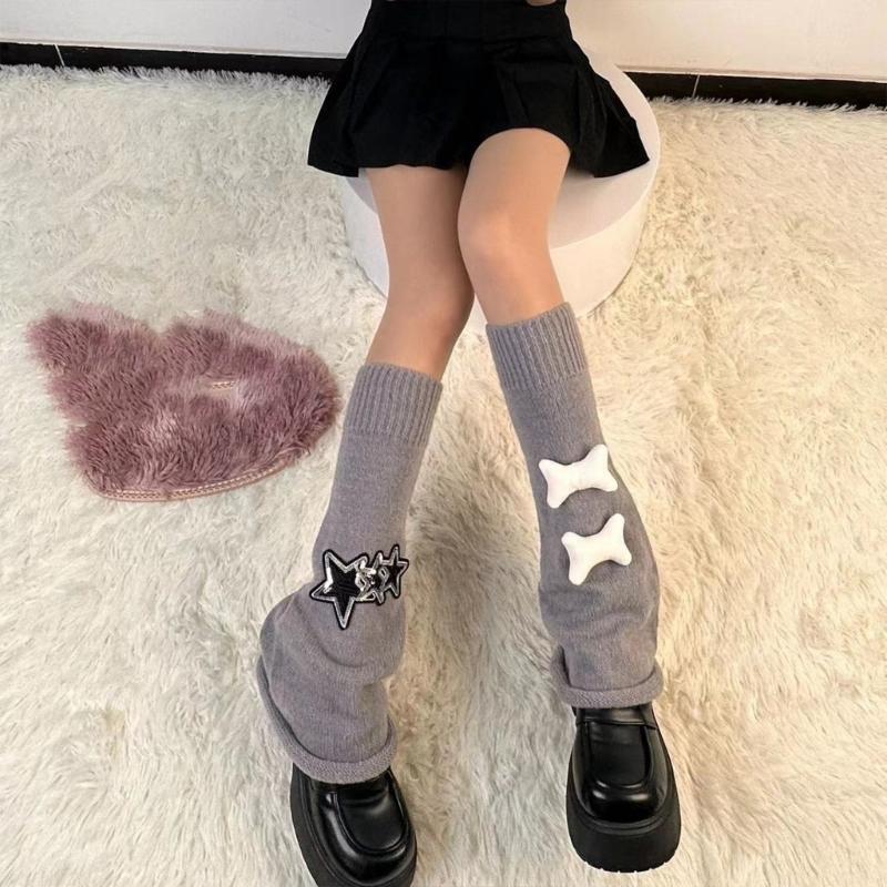 Girls Lolitas Leg Warmers Y2K Star Knitted Flared Leg Sleeves Goth Baggy Cuffs Ankle Heap Socks JK Uniform Foot Cover