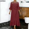 Elegant Women Half Sleeve Lace Patchwork Casual Long  Maxi Ruffled Dress