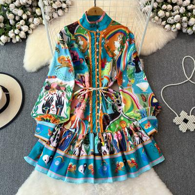 Frühling Herbst Frauen Marke Designer Laterne Hülse Druck Elegante Runway Party Kleider