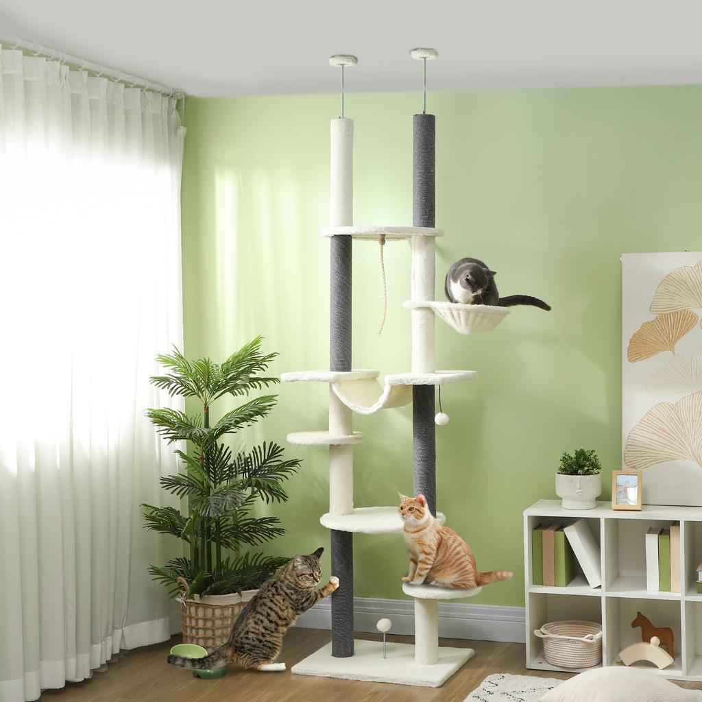 Cat Tree, Ceiling-High, Adjustable 225-255 cm, Platforms & Hammocks, Anti-Tip Safety, White