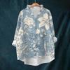 Women's Loose Ruffled Retro Floral Print Stand Collar Long Sleeve Cotton And Linen Top