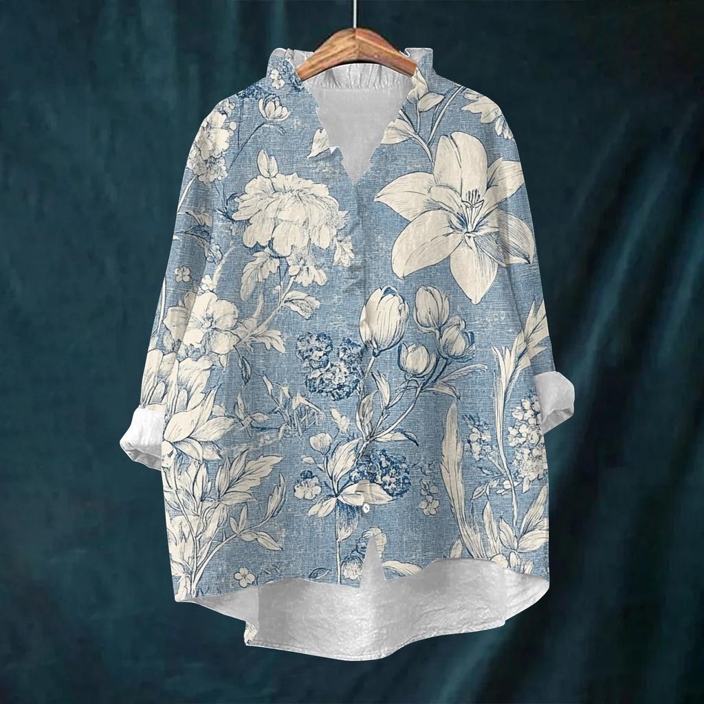 Women's Loose Ruffled Retro Floral Print Stand Collar Long Sleeve Cotton And Linen Top