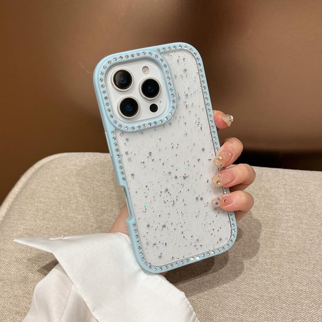 For iPhone 16 Pro Case Rhinestone Frame Star Glitter Epoxy Design TPU+PC Phone Cover