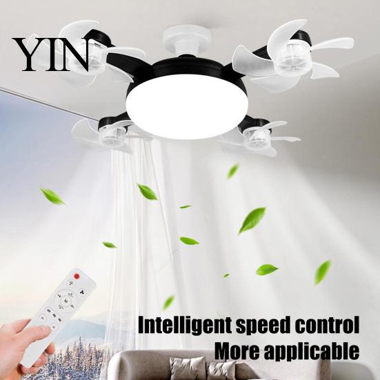E27 Socket Fan 3/4/5 Blade Ceiling with Light & Remote Control, 2-in-1 Silent LED Drone Compact Ventilation Lamp Foldable Blades, 3-Speed Dimmable for