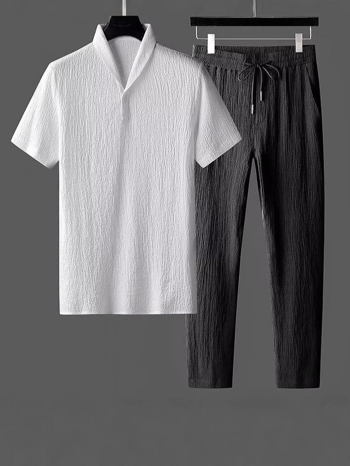Men's Summer High-End Sporty Fashion Two-Piece Set: Lightweight Short Sleeve and Pants