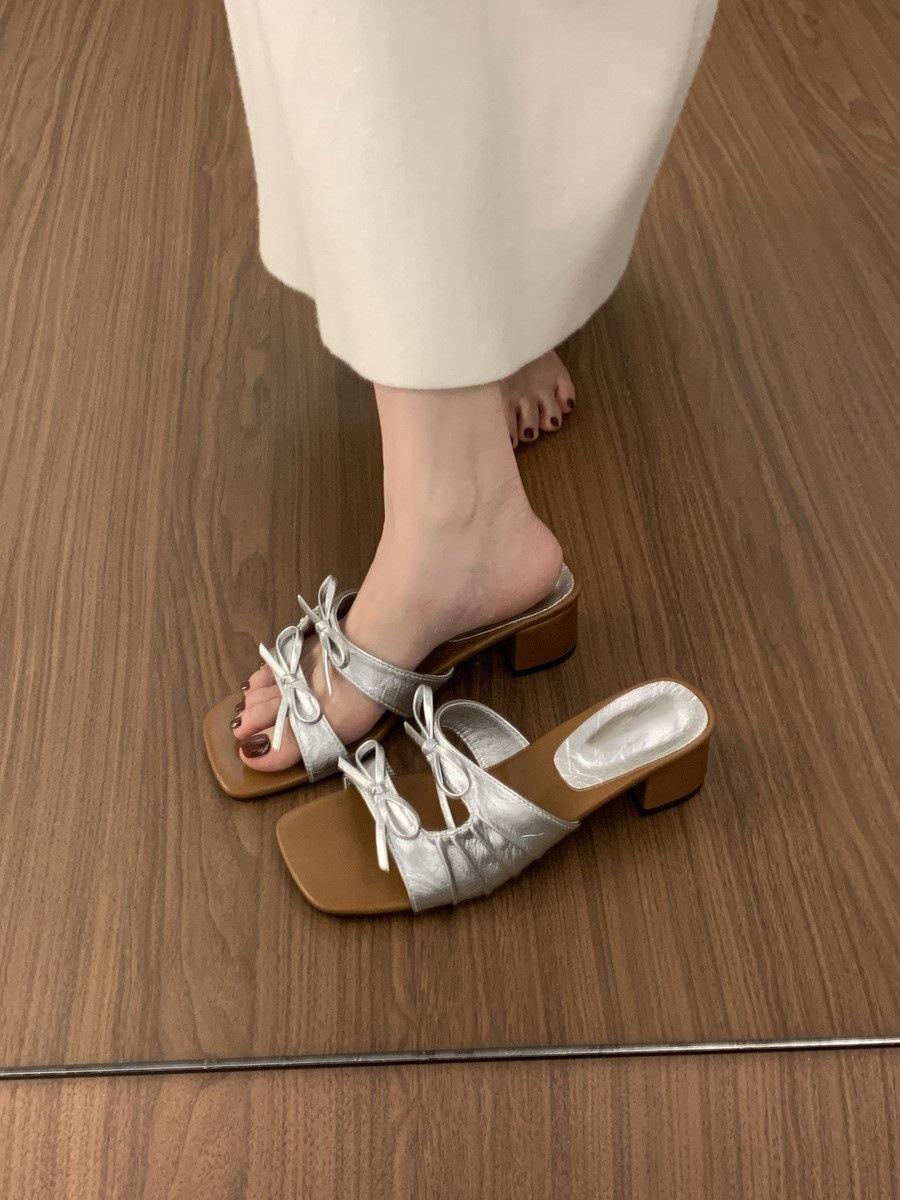 

With skirt fairy style square head open-toed slippers female summer wear French stunning silver fashion sandals female 40
