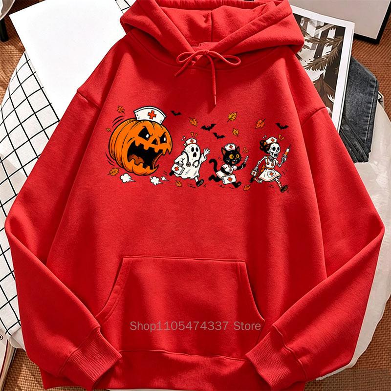 Retro Halloween Theme Hoodie Women Fall Winter Casual Fashion Funny Vintage High Quality Long Sleeve Fleece Pullover Sweatshirts