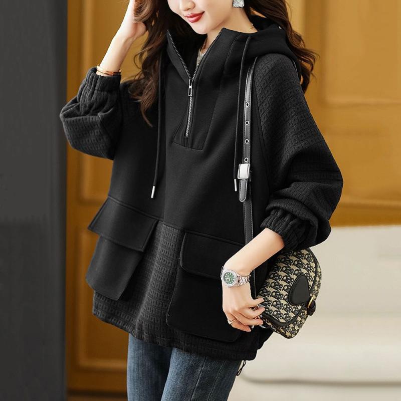 2025 Autumn Korean Style Color Block Hooded Zip-Up Slimming Sweatshirt for Women