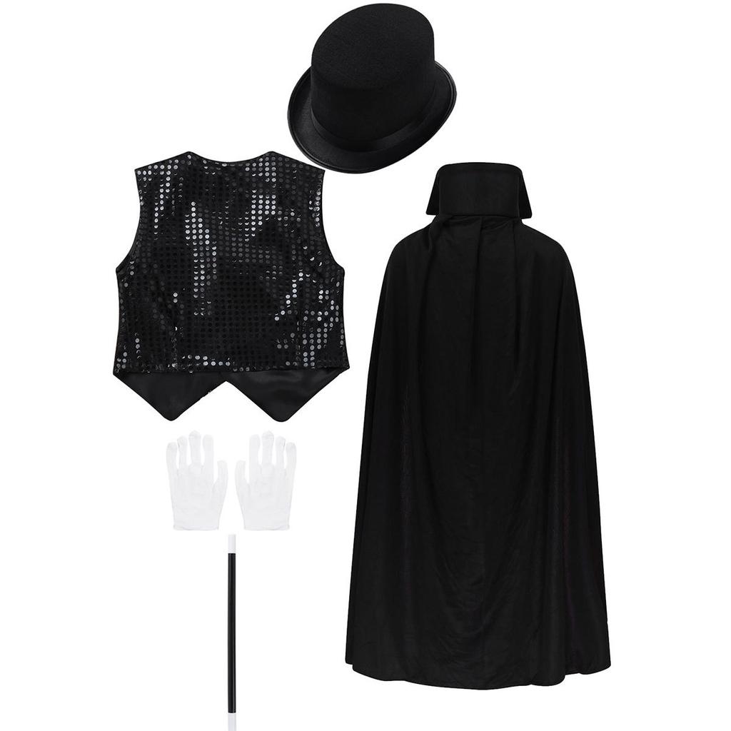 Complete Kids Magician Costume Set: Includes Waistcoat, Cape, Hat, Magic Wand & Gloves for Stage Role Play & Jazz Dance