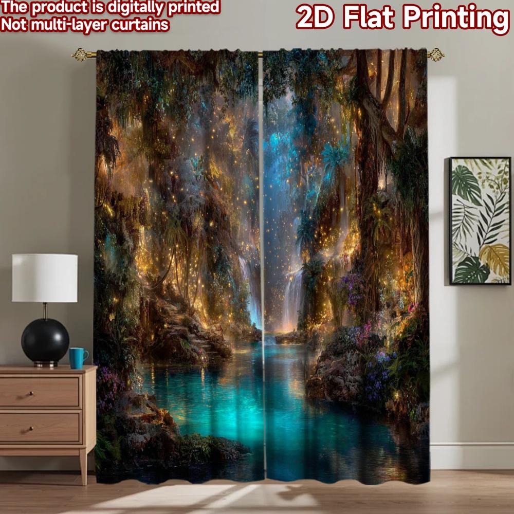 2D flat printing 2pcs Curtains Enchanted Forest Waterfall Dreamy Glow Digital Printed Polyester Drapes Party Decorations Perfect