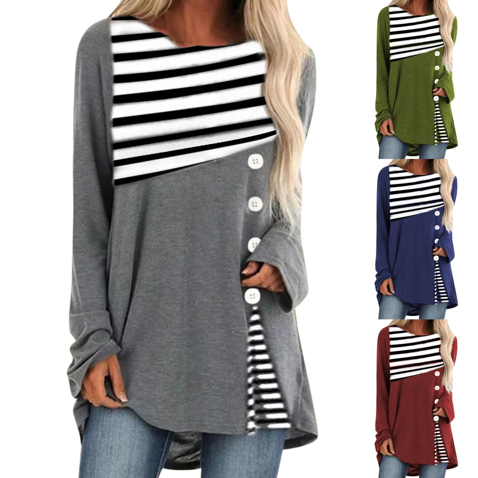 

Женский модный повседневный пуловер со свободными пуговицами и полосатым топом с длинными рукавами