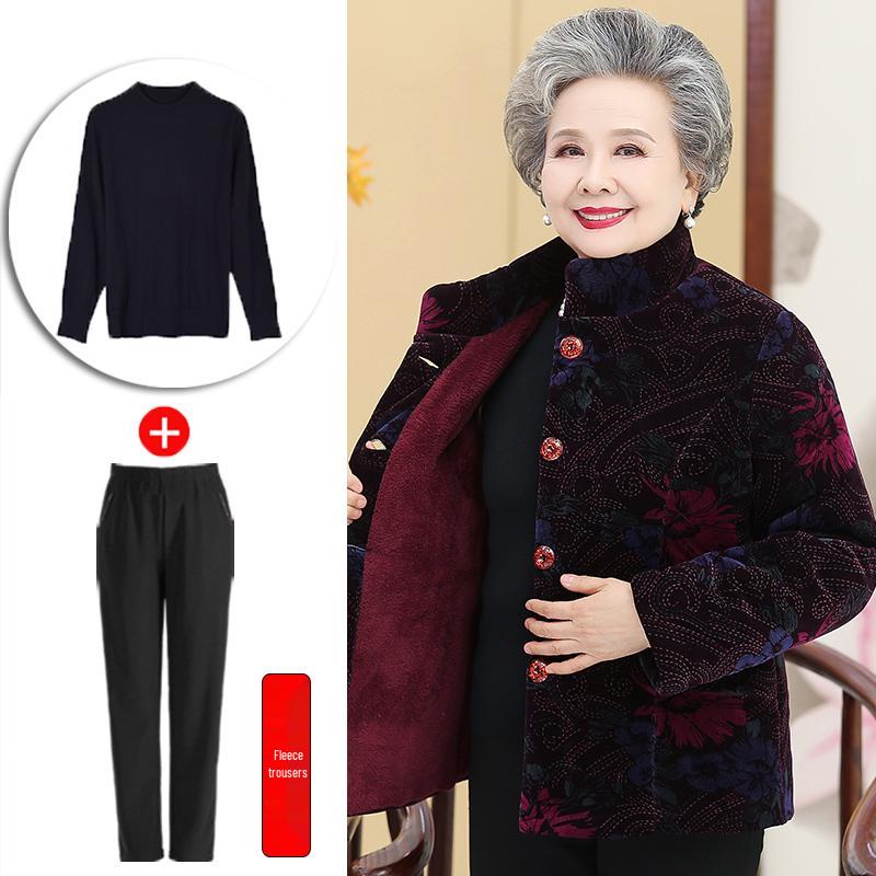 Hengyuanxiang Winter Velvet-Enhanced Cotton Jacket for Elderly Women