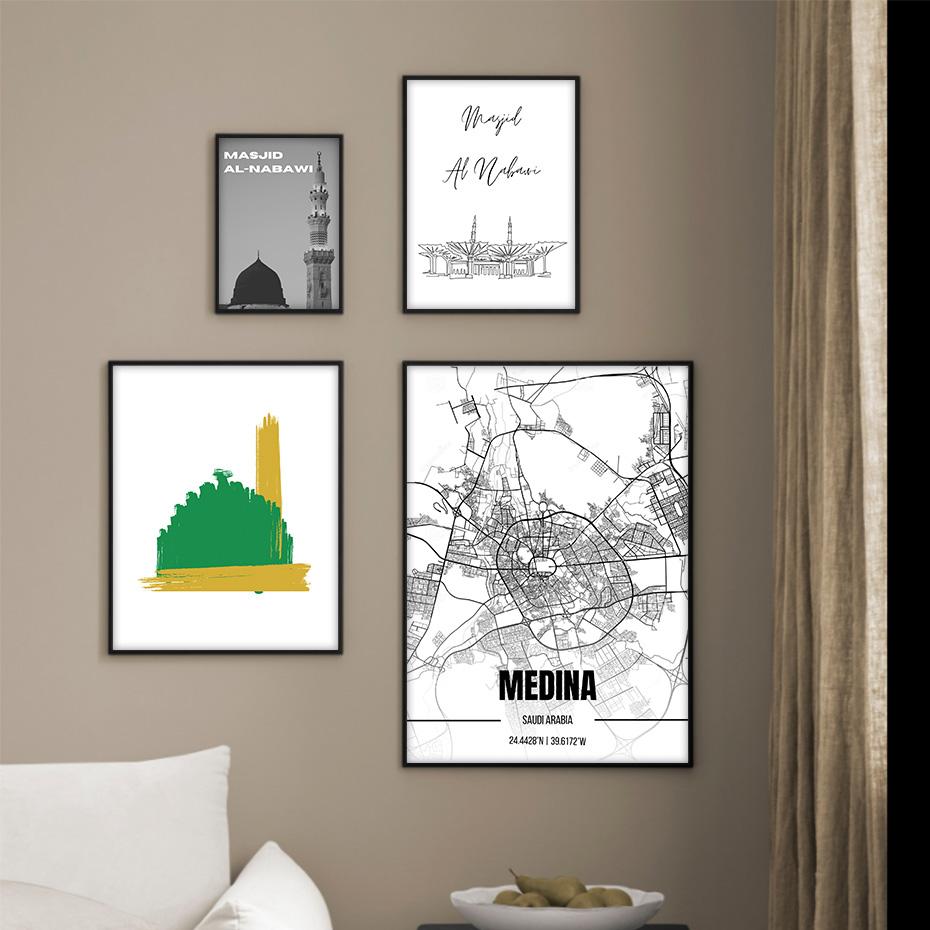 Islamic Medina Masjid Al-Nabawi Map Architecture Modern Poster Ramadan Muslim Wall Art Canvas Painting Print Home Decor