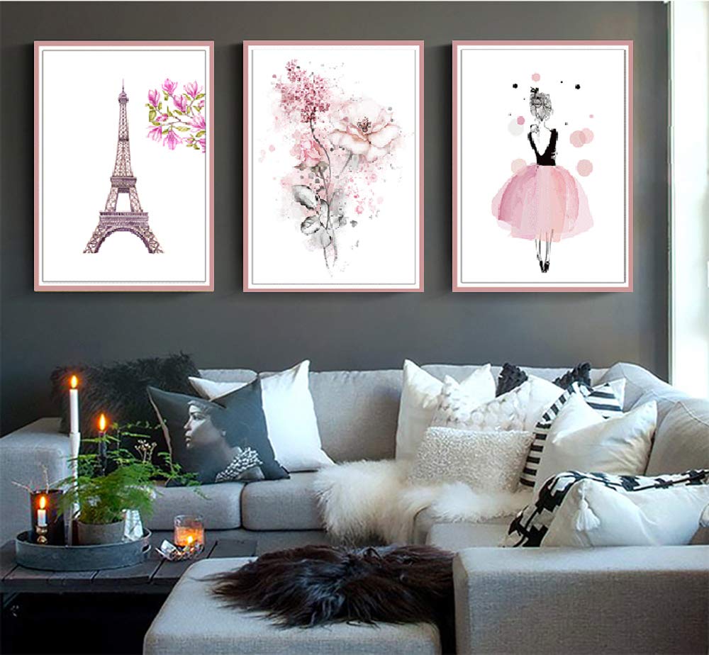 Fuji Player Wall Sticker Pink Flower Eiffel Tower Paris Girl Nordic Interior Poster Wall Decoration M0217