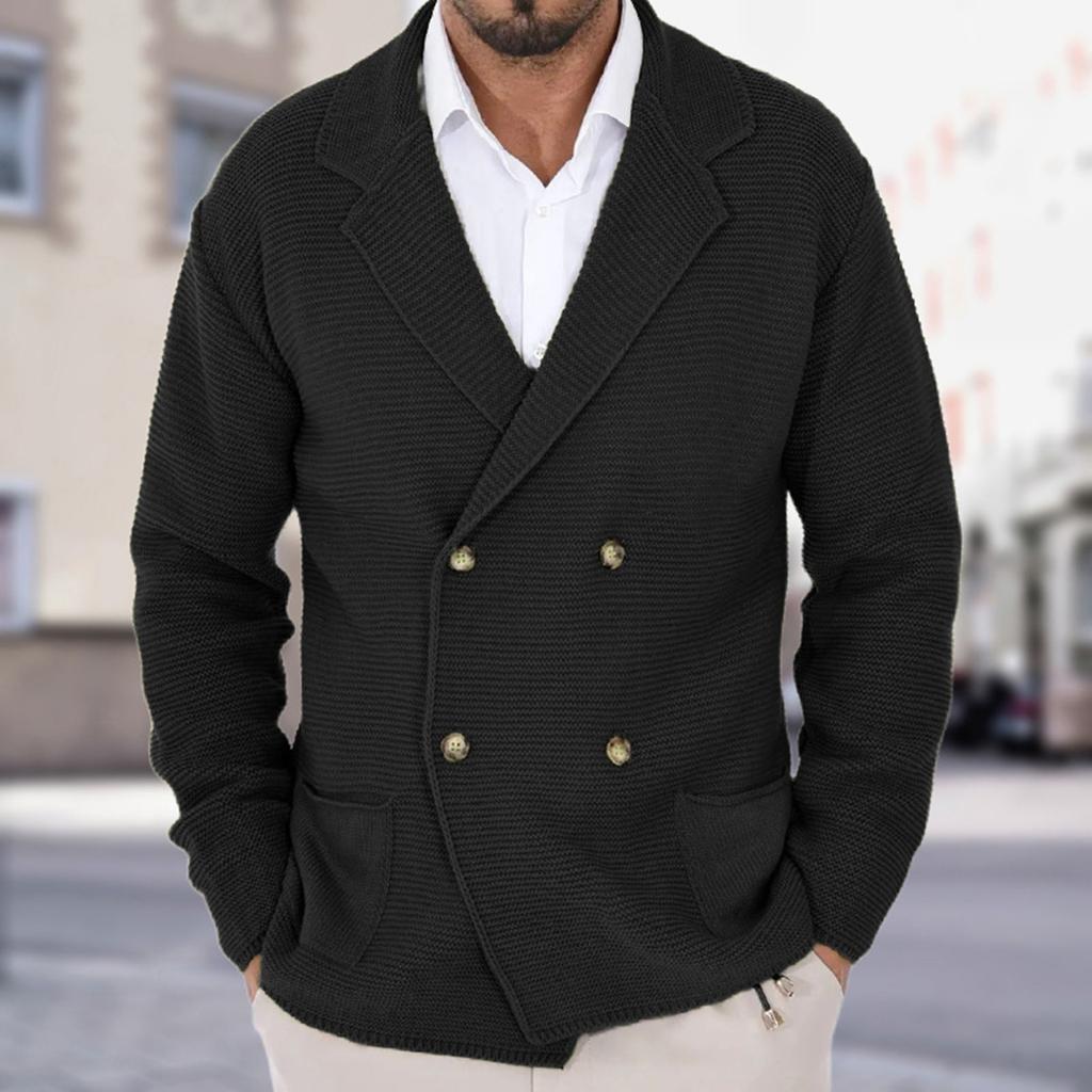 Men's Solid-Color Knitted Cardigan, Slim-Fit Cuban Collar, Turn-Up Collar, Double-Breasted Sweater