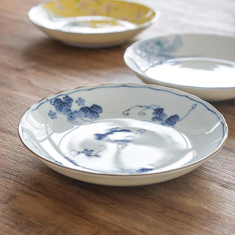 Japanese Style Ceramic Plate Retro Floral Print Small Dish for Dessert Fruit Salad Home Tableware