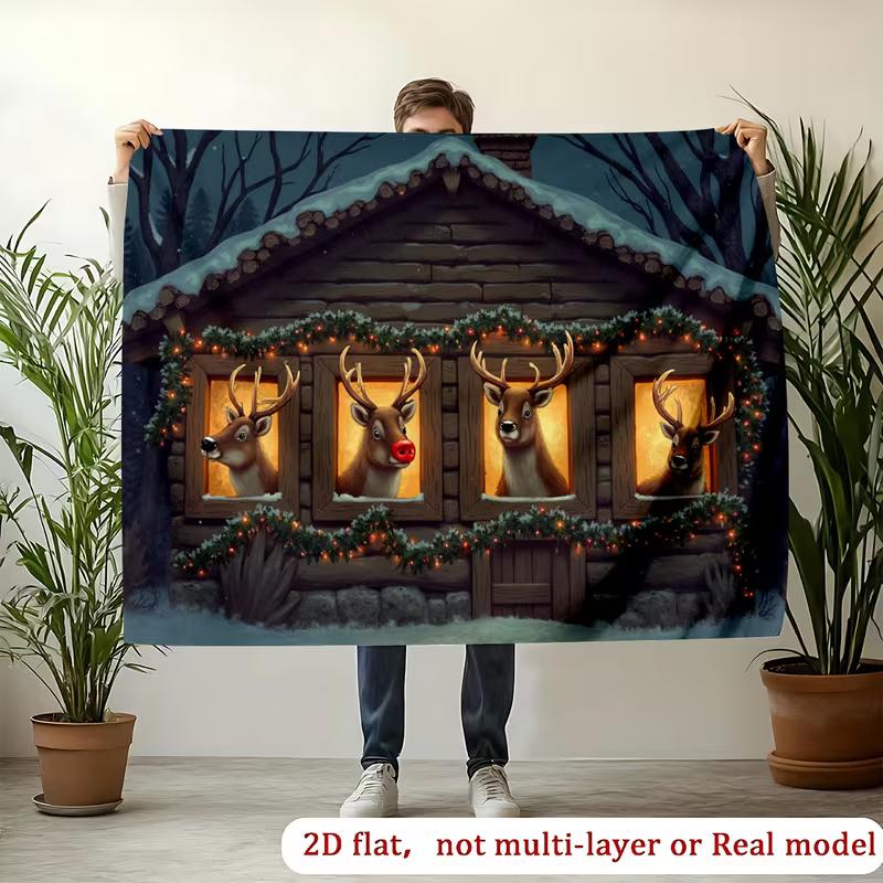 2D Funny Reindeer Lodge Tapestry, 4 Reindeer Peeking Through Window with Garland 47.2x31.5inch/120*80cm