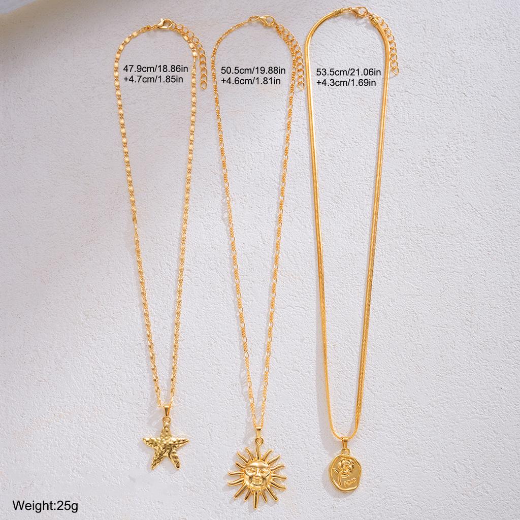 3-teiliges Goldfarbenes Sonnen-Seestern-Rosen-Halsketten-Set Für Frauen Vintage Münzanhänger Mehrschichtige Verdrehte Kette Boho Statement-Schmuck Geschenke