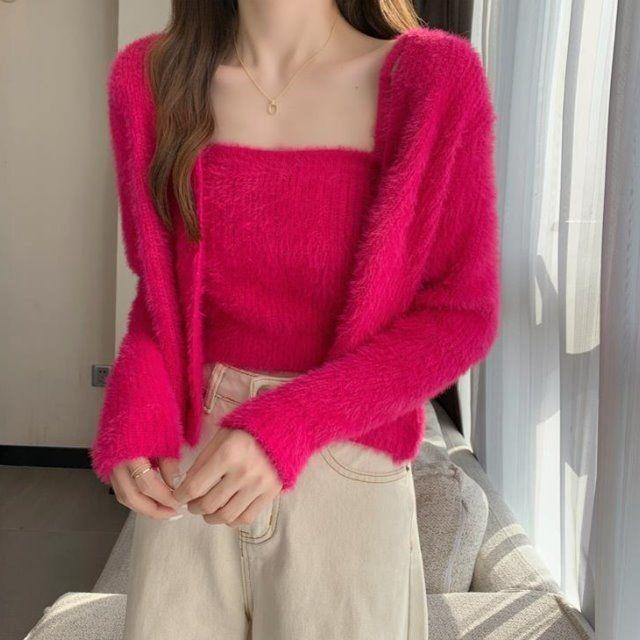 Mink-Like Camisole & Cardigan Two-Piece Set - Women's Knitted Solid Color Sweater