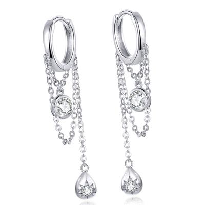 Silver Hoop Earrings with Hanging Crystals, 925 Silver Studs